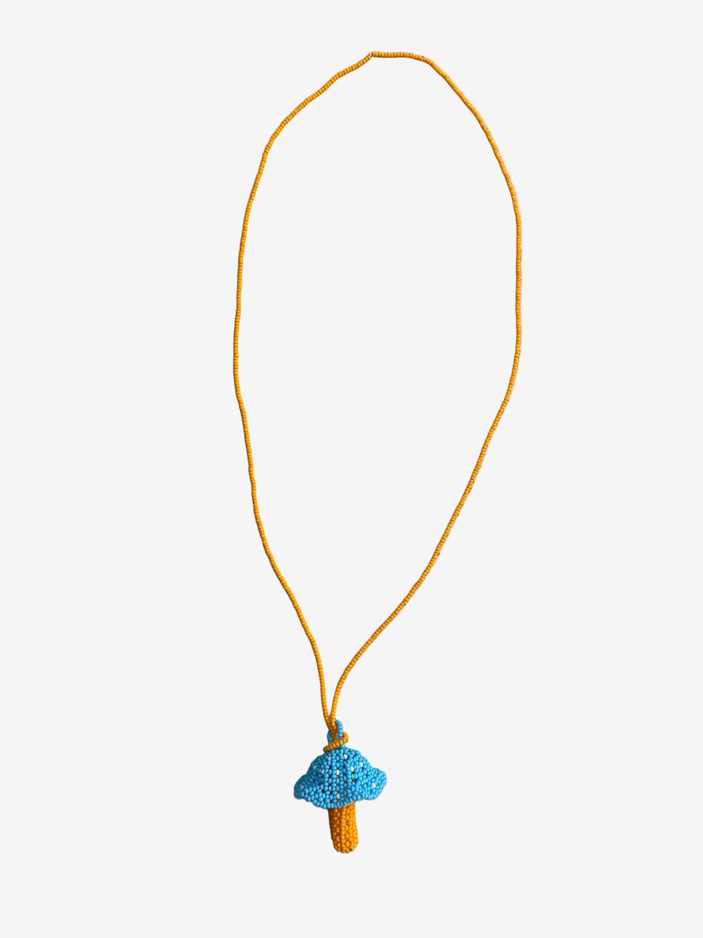 Handmade bluecap fungi necklace with blue cap and yellow stem by Guava
