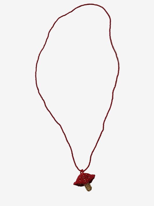 Crimsoncap fungi necklace showing handmade bead detail