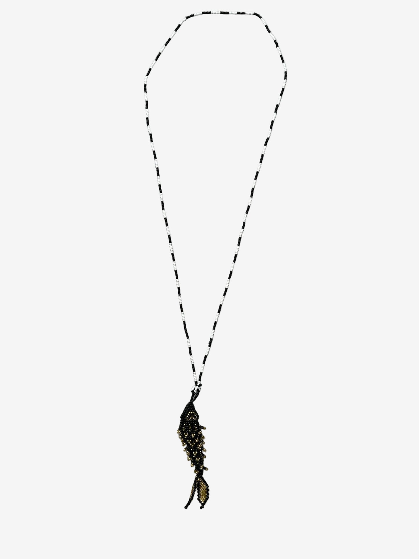 Obsidian drift fish necklace showing detailed beadwork and gold accents