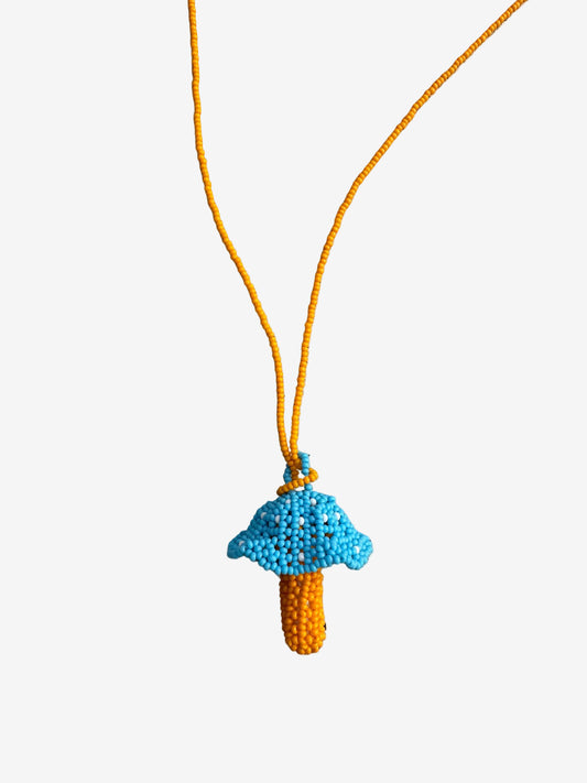 Bluecap fungi necklace hanging with yellow beaded cord handmade by Guava