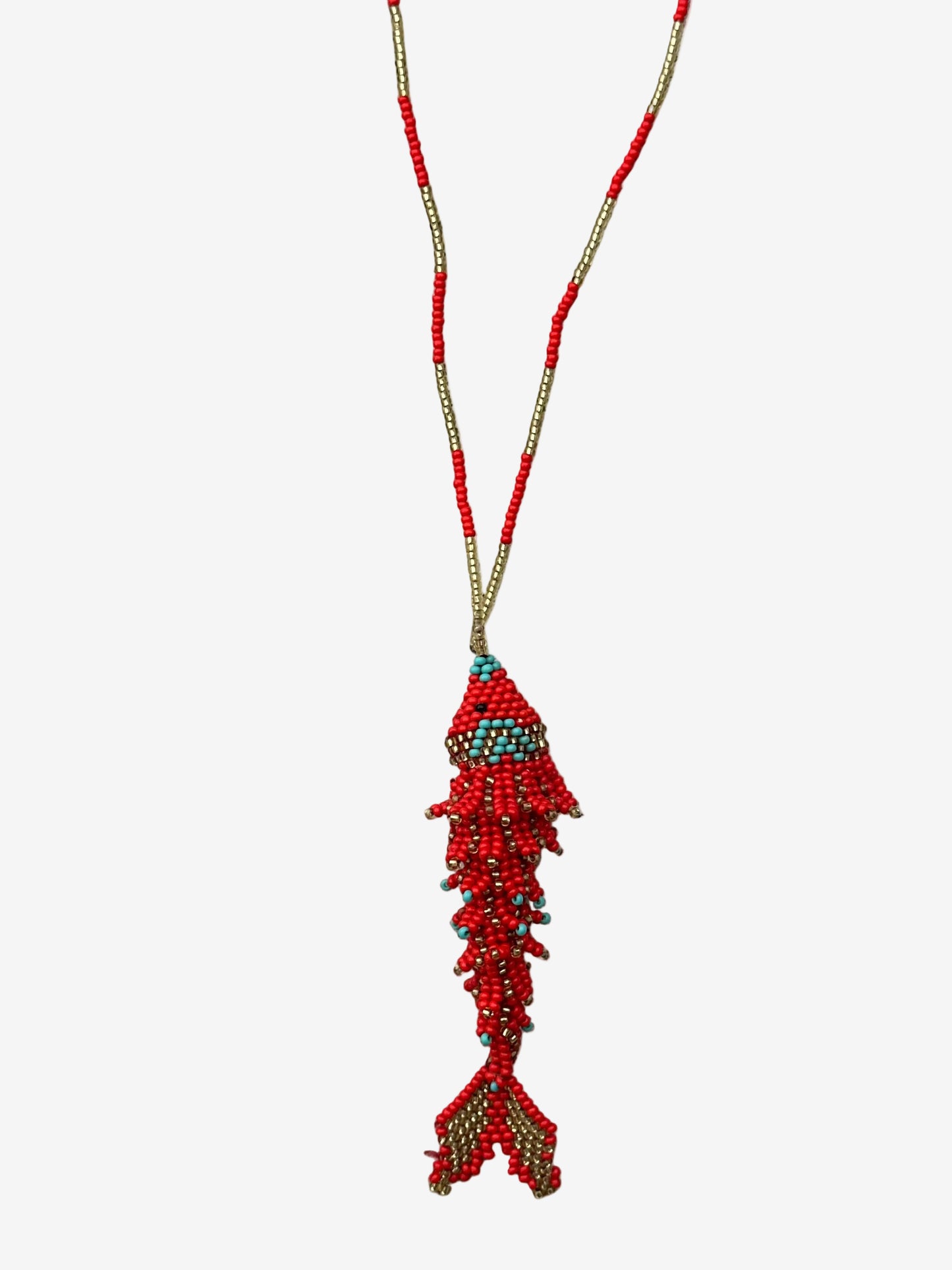 Red coral drift fish necklace with turquoise and gold bead details