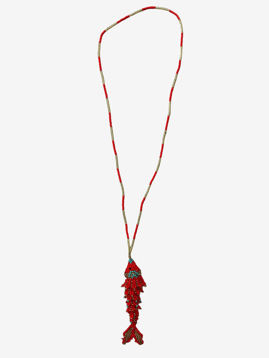 Coral drift fish necklace showing turquoise accents and textured beadwork