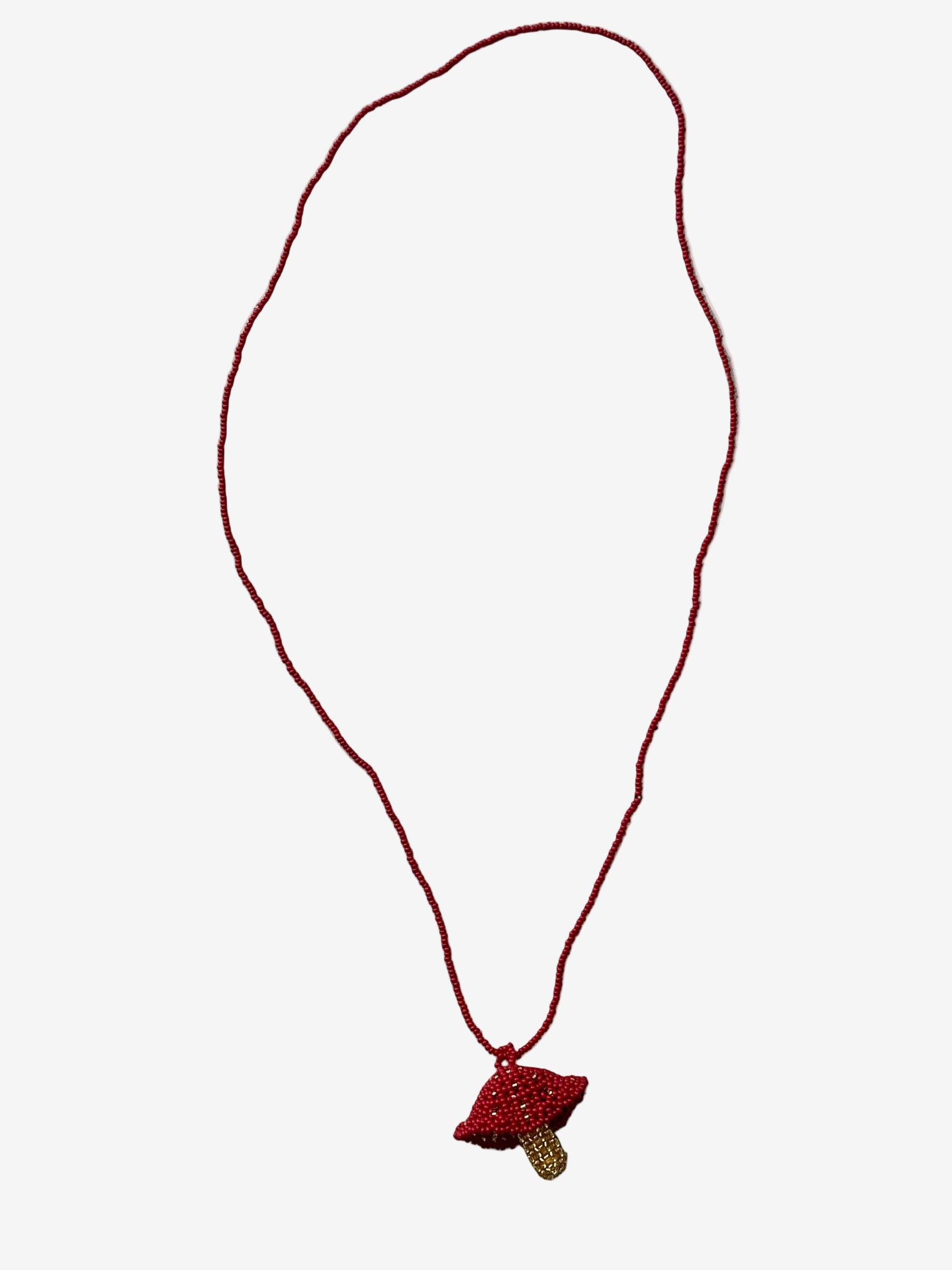 Crimsoncap fungi necklace showing handmade bead detail