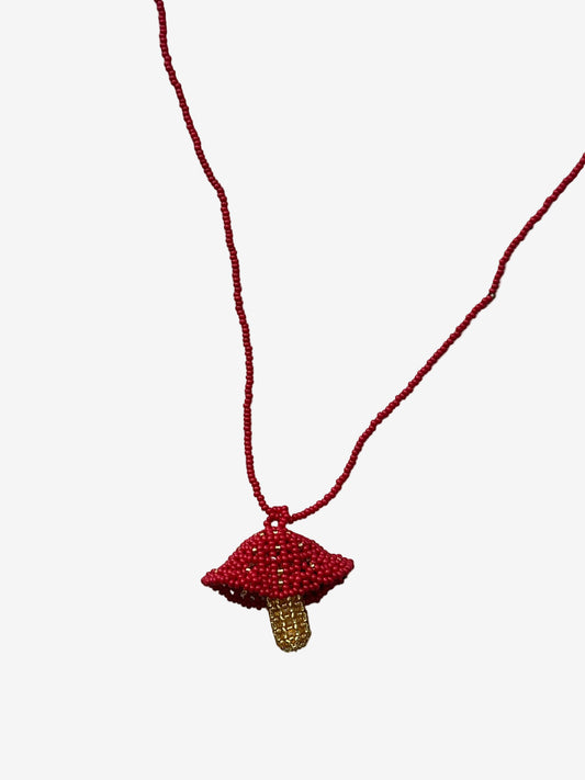 Red and gold fungi necklace handmade by Guava