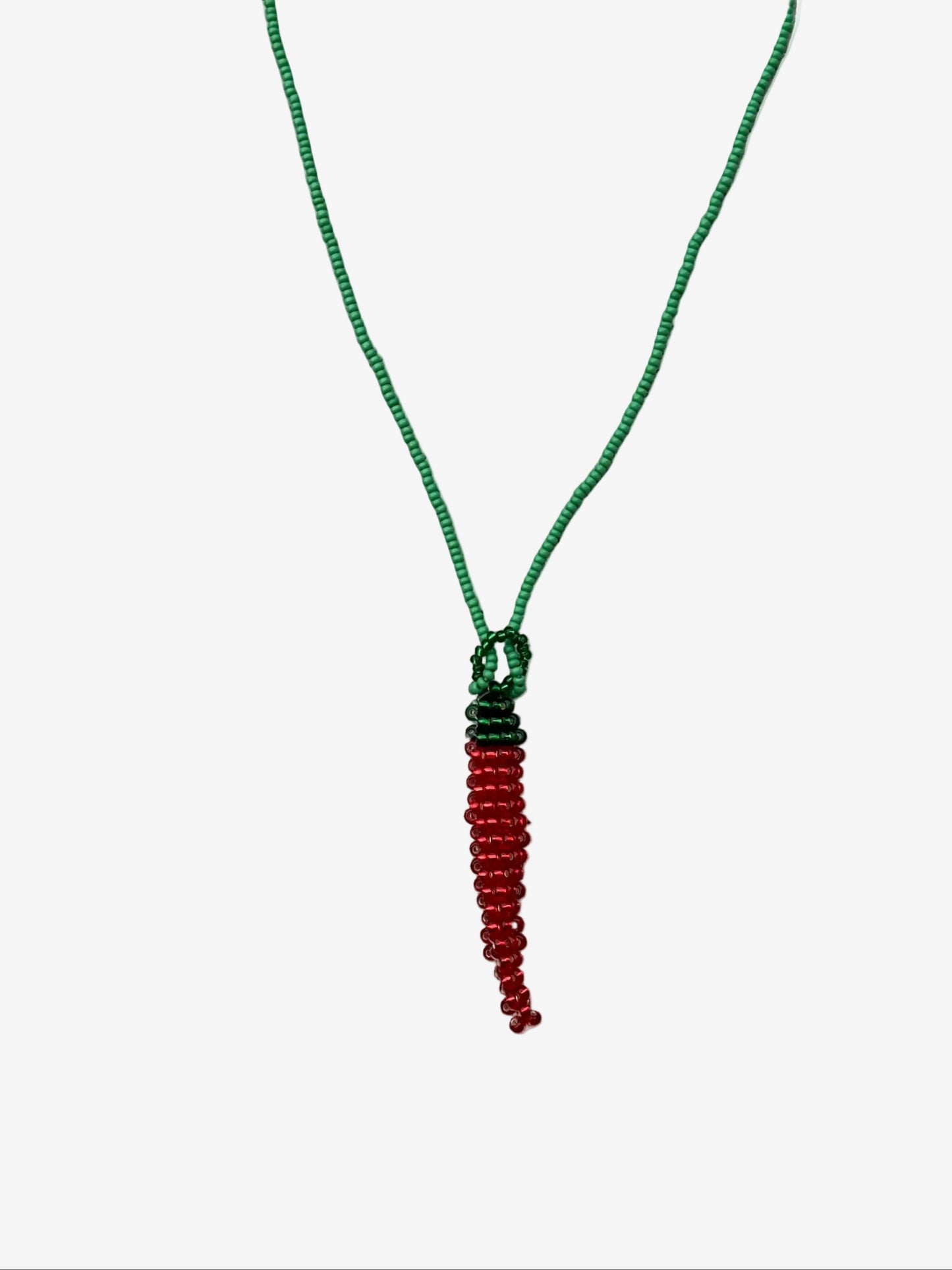 Translucent red aji pepper necklace with green chain handmade