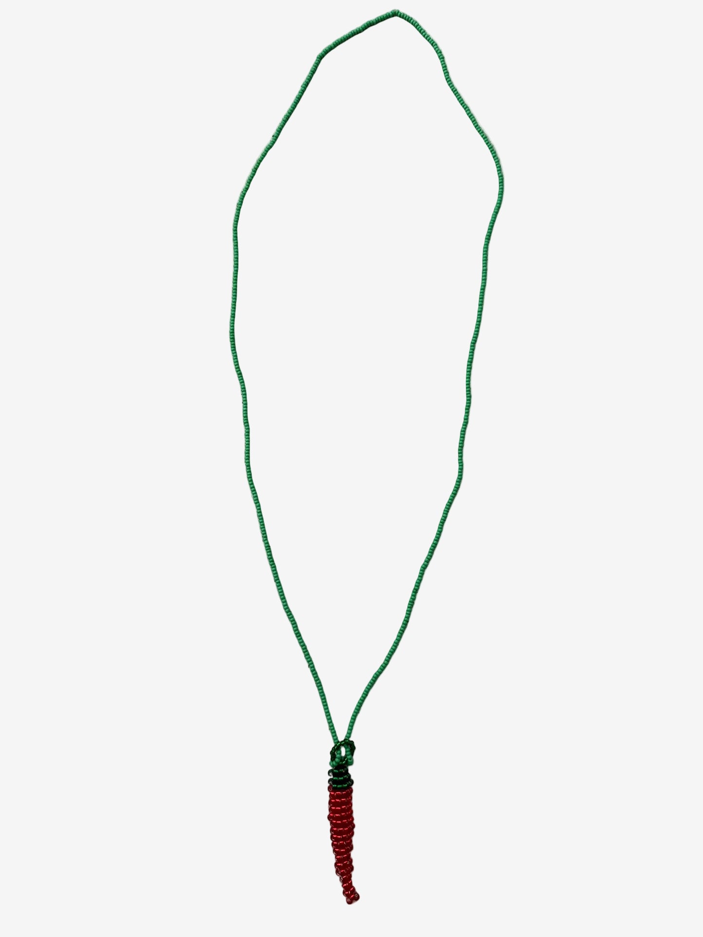 Flame aji green stem translucent necklace showing bead detail and shine
