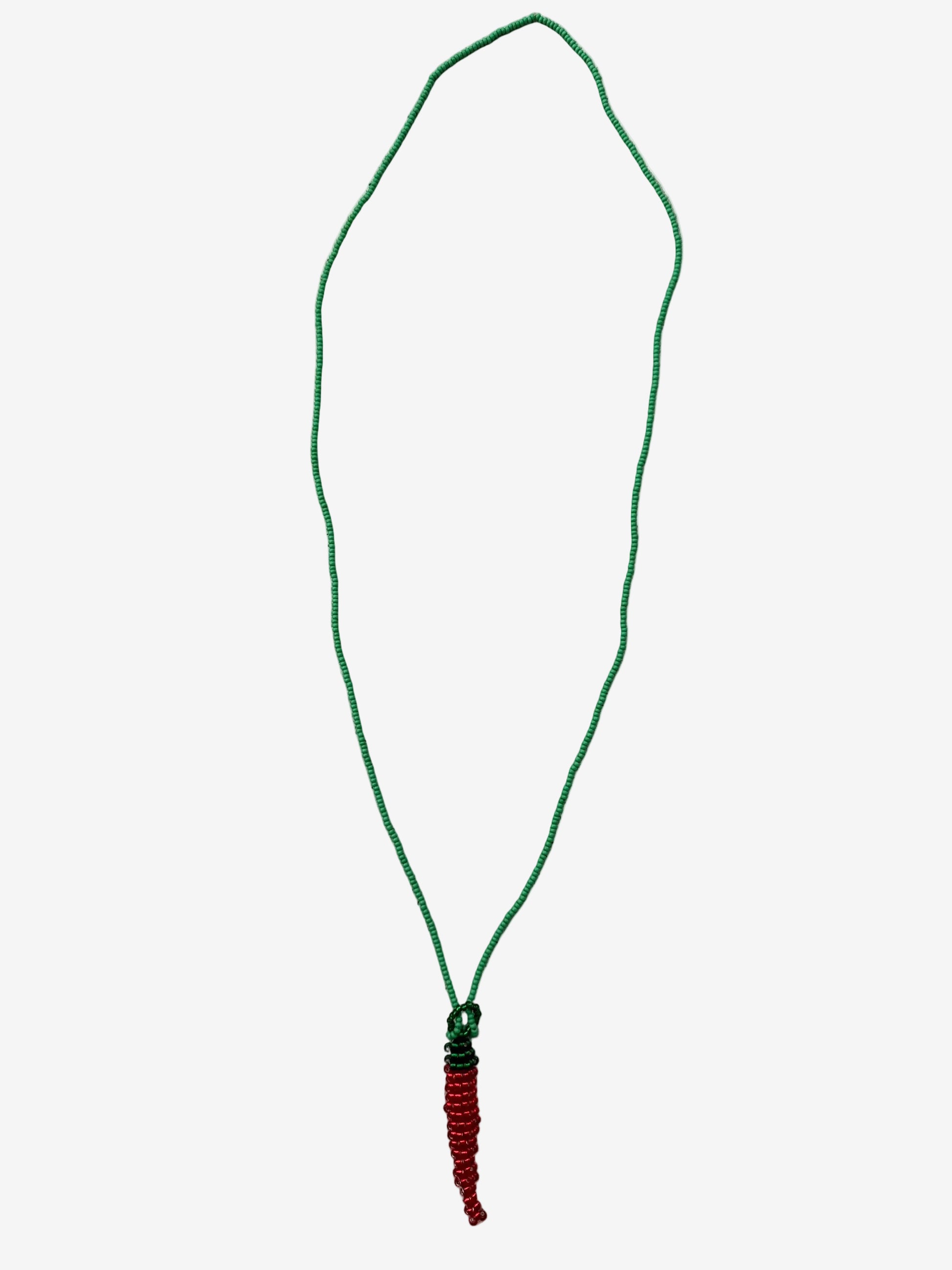 Flame aji green stem translucent necklace showing bead detail and shine