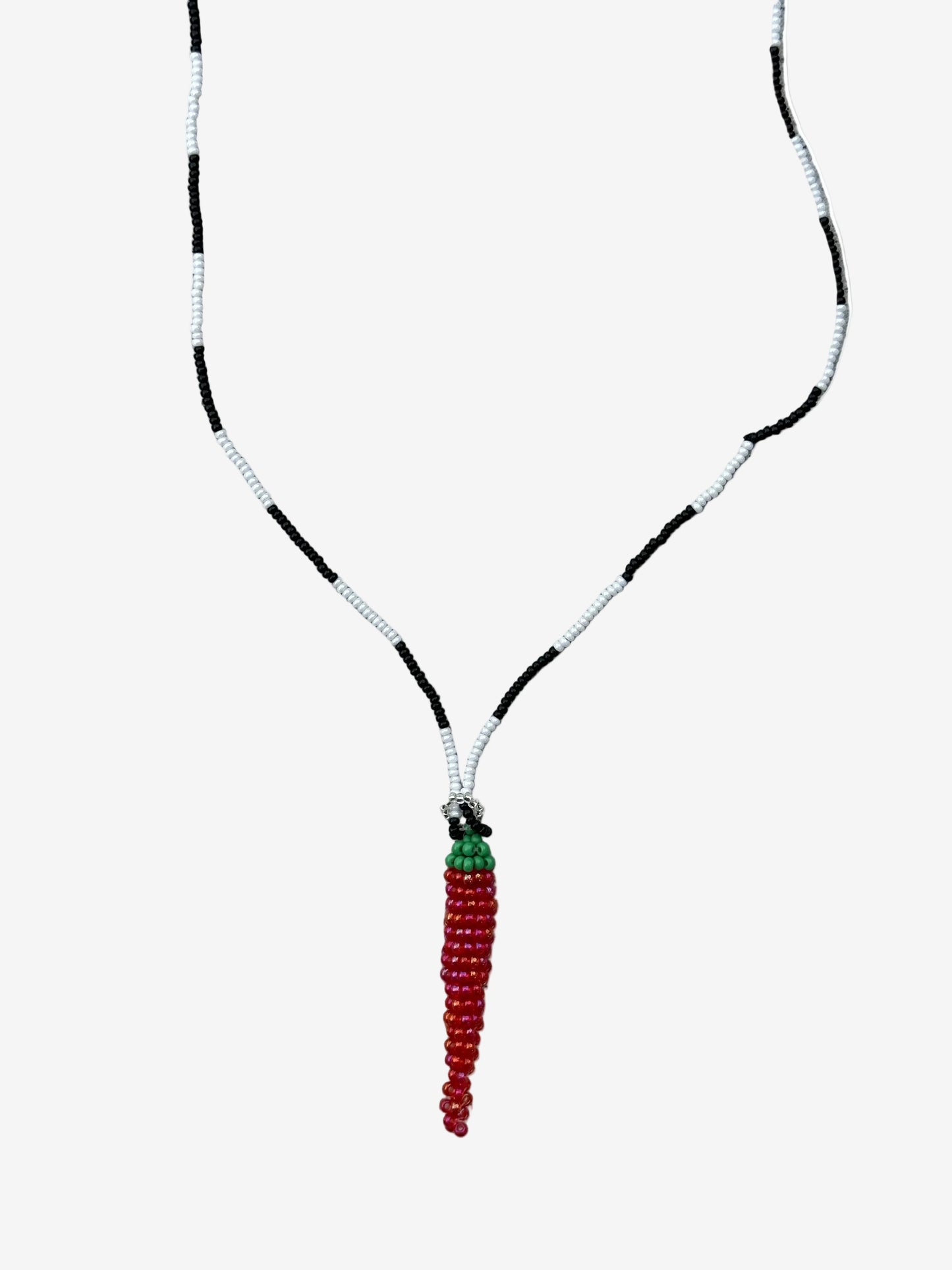 Bright red aji pepper necklace with black and white chain handmade