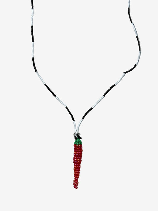 Bright red aji pepper necklace with black and white chain handmade