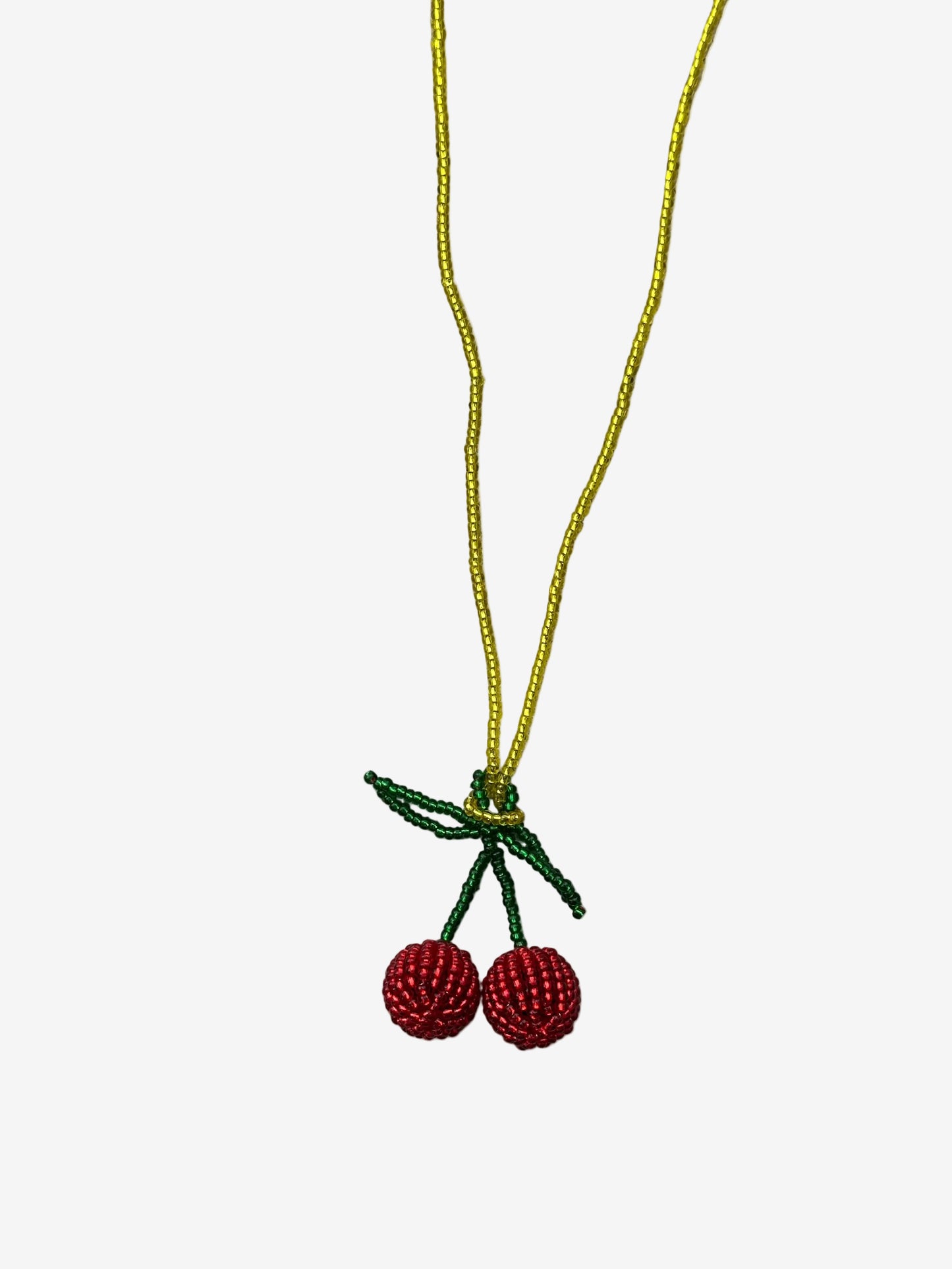 Glossy red cherry necklace with green stem and gold chain handmade beadwork front view