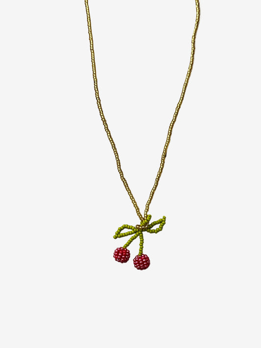 Bright red cherry necklace with green stem and gold chain handmade beadwork front view