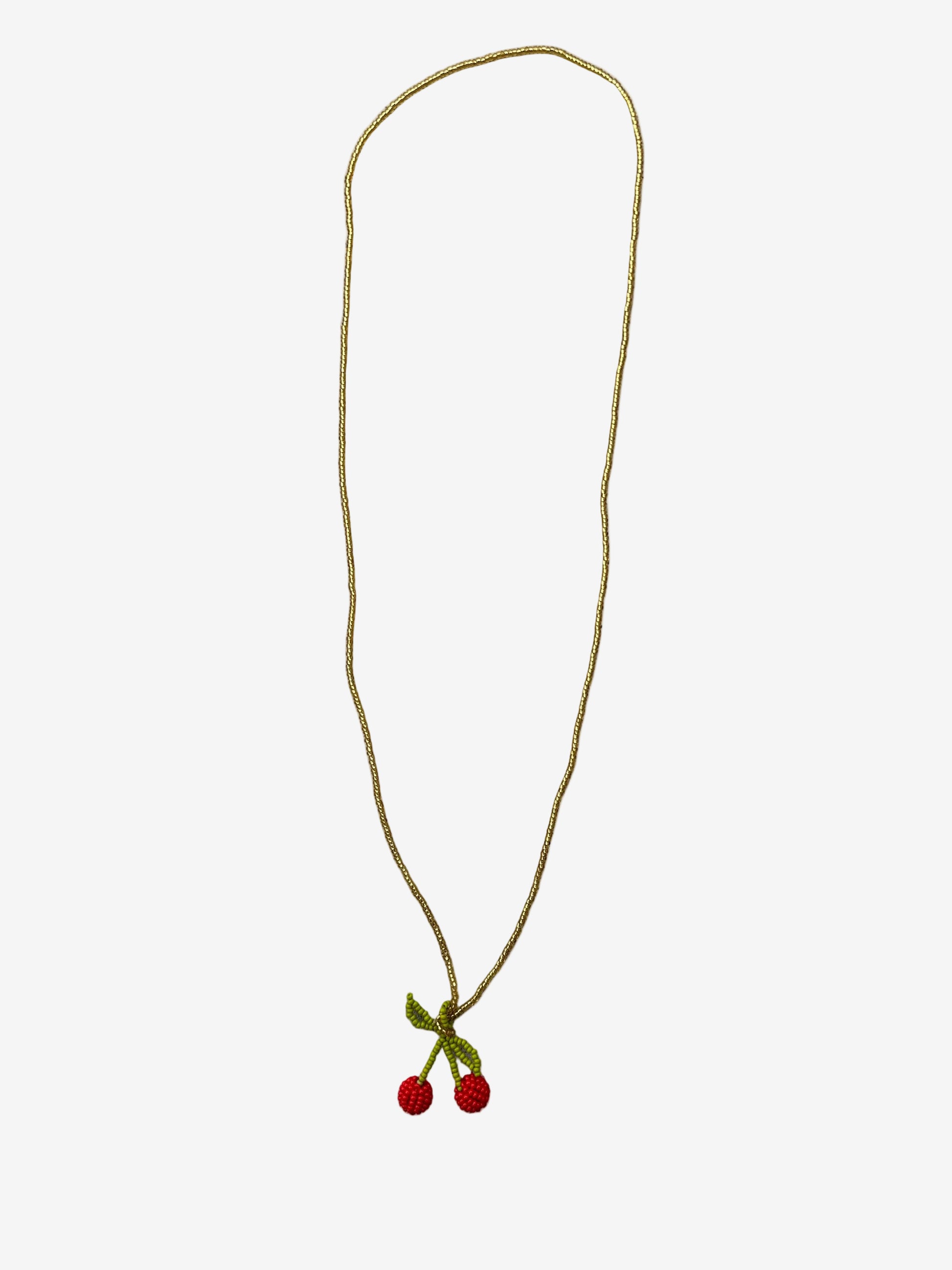 Deep red cherry necklace with green stem and gold chain handmade beadwork front view