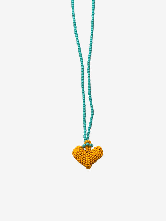 Heart Aqua necklace with turquoise beaded chain and yellow heart pendant front view