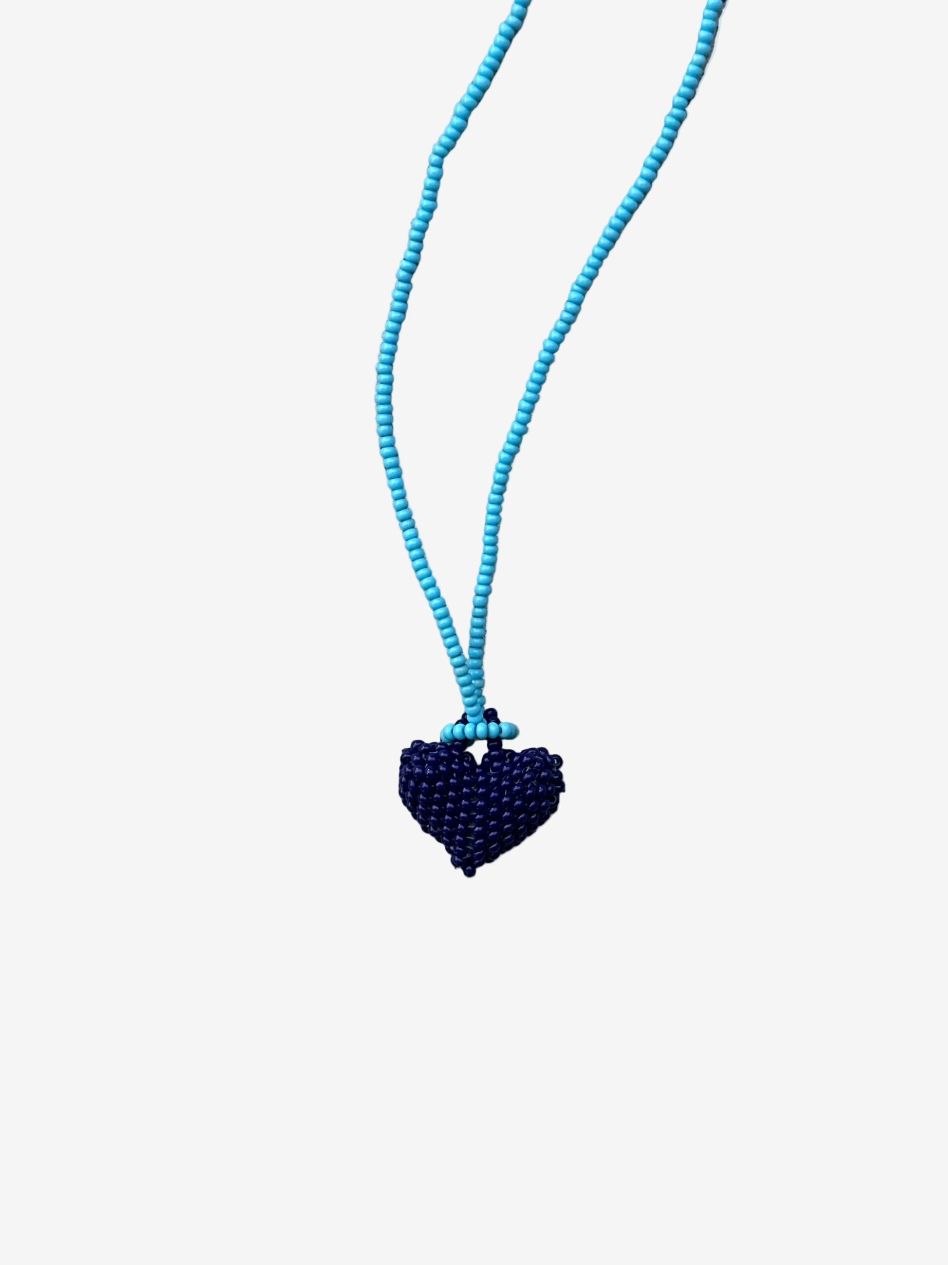 Heart Cobalt necklace with blue beaded chain and blue heart pendant front view