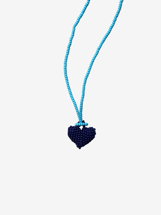 Heart Cobalt necklace with blue beaded chain and blue heart pendant front view