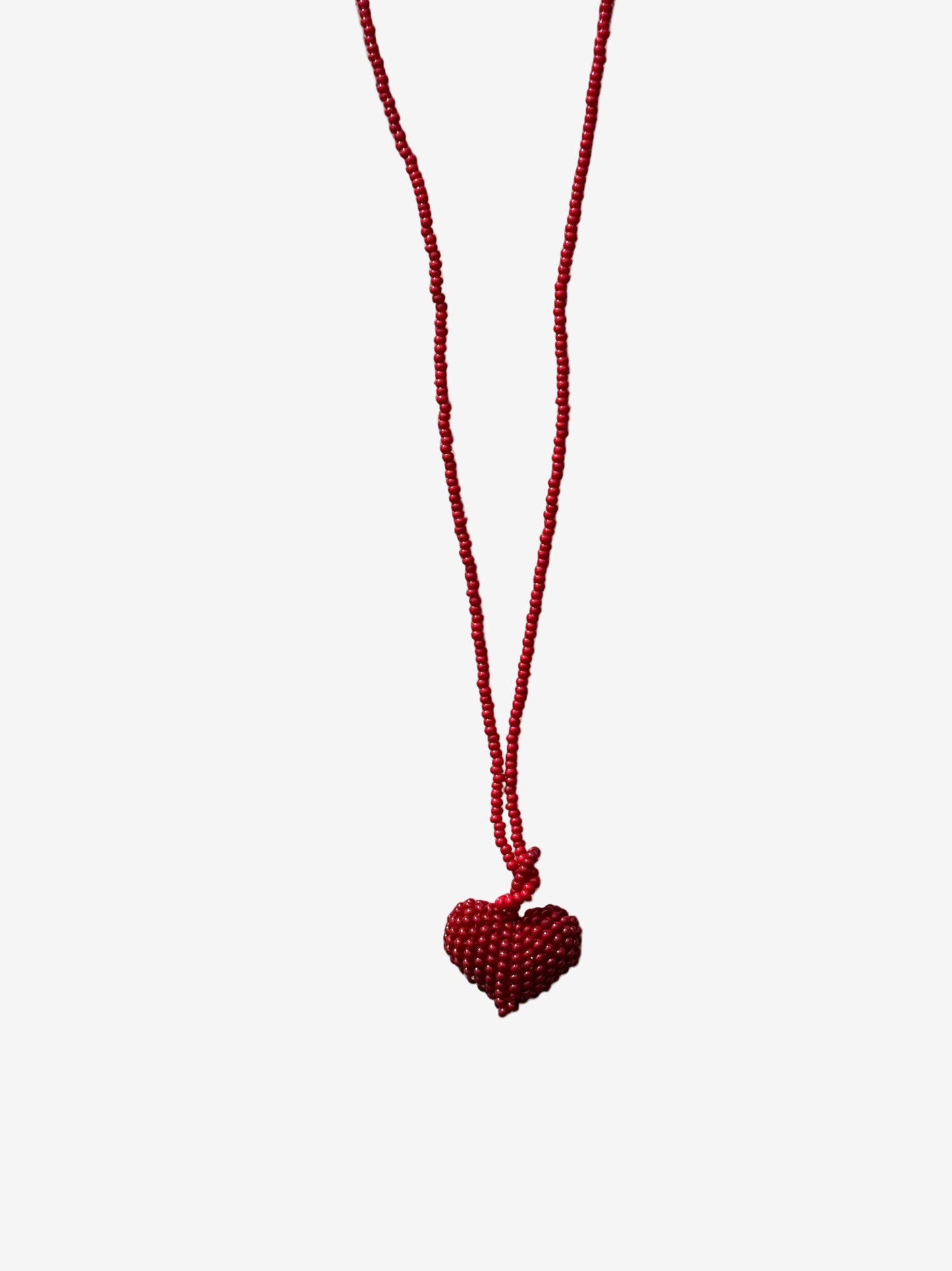 Heart Crimson necklace with red beaded chain and red heart pendant front view