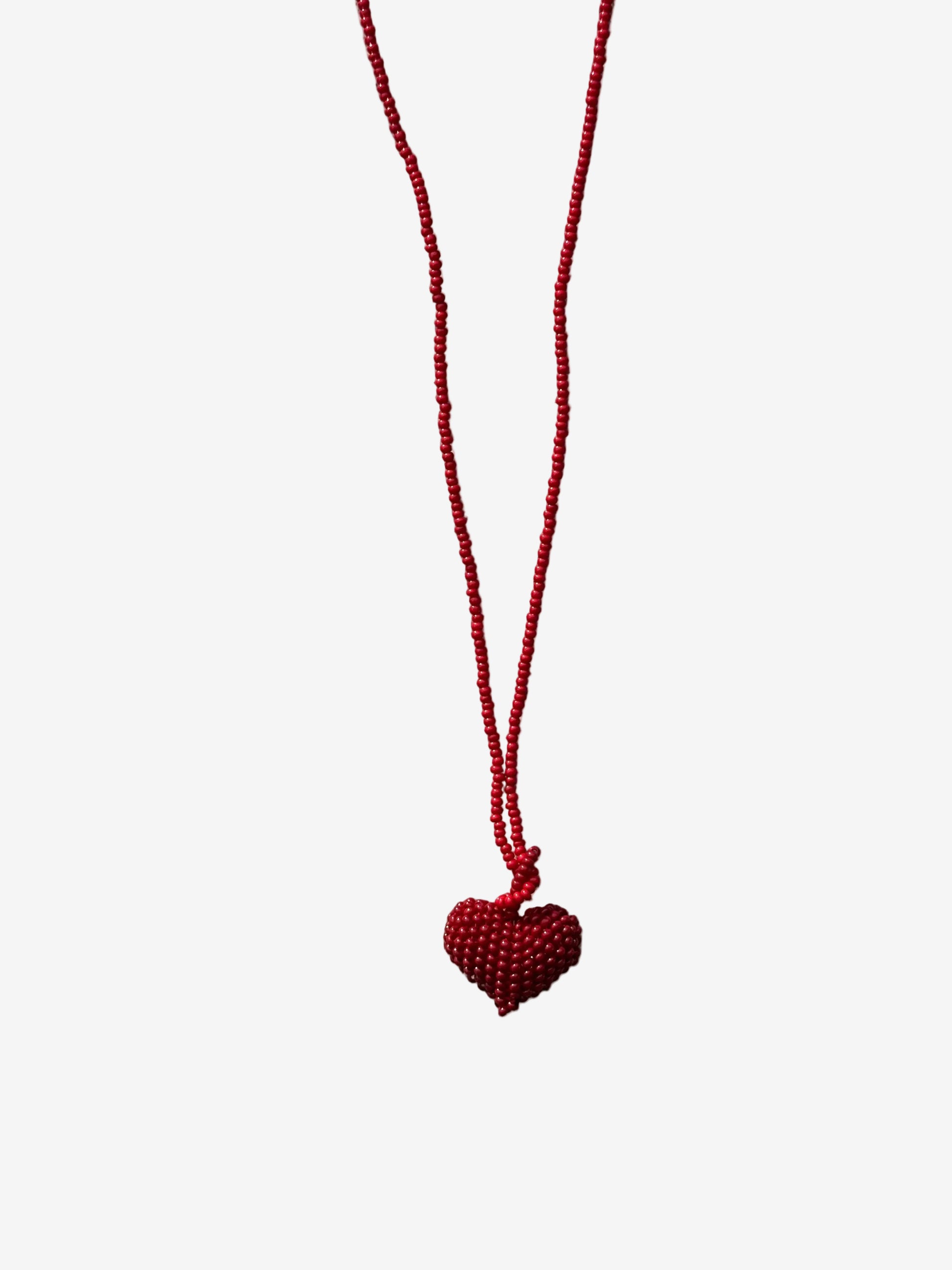 Heart Crimson necklace with red beaded chain and red heart pendant front view
