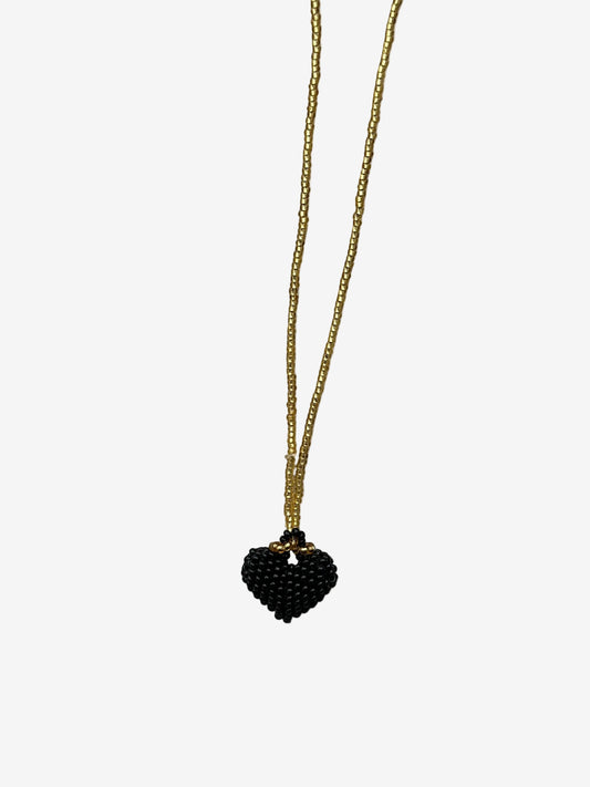 Heart Noir necklace with black beaded heart pendant and gold chain front view