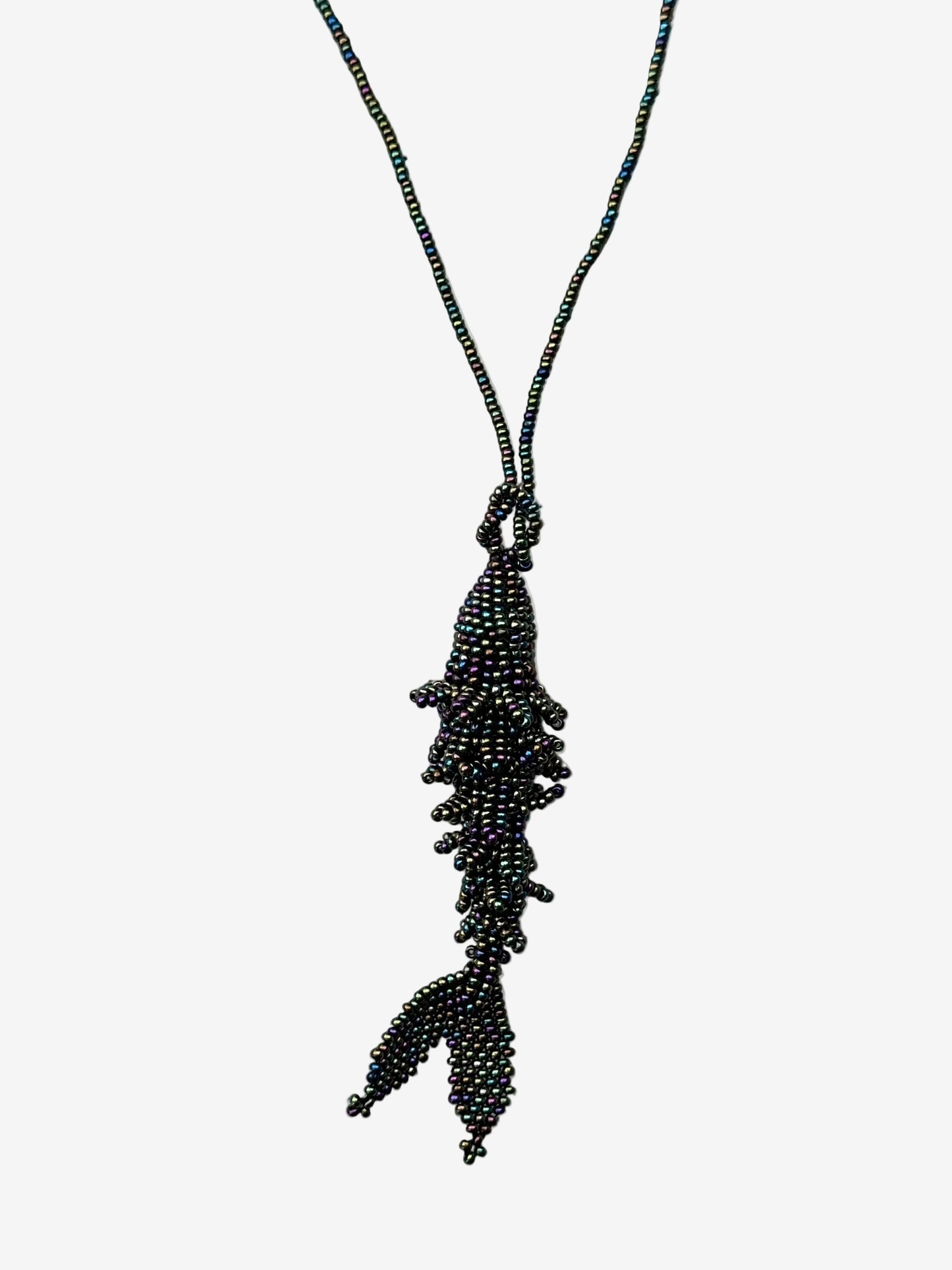 Iridescent fish bead necklace with oil slick colors and handmade chain