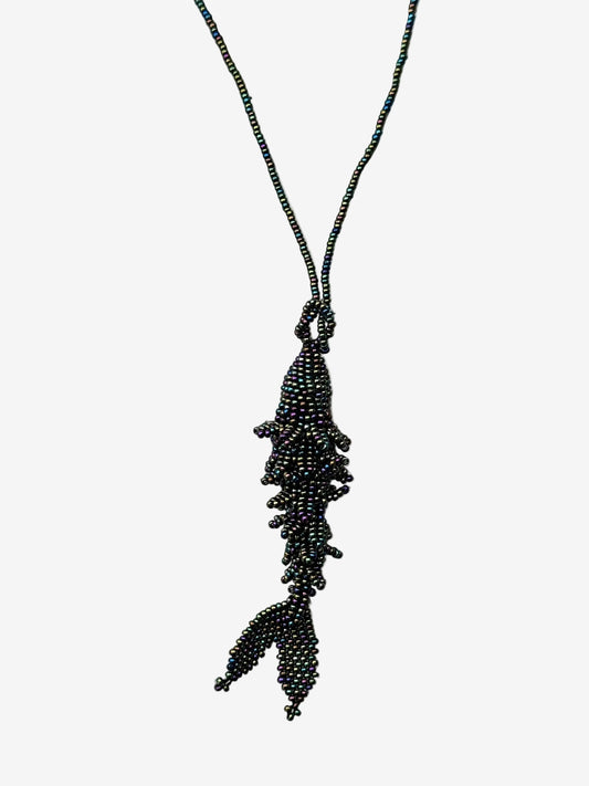 Iridescent fish bead necklace with oil slick colors and handmade chain