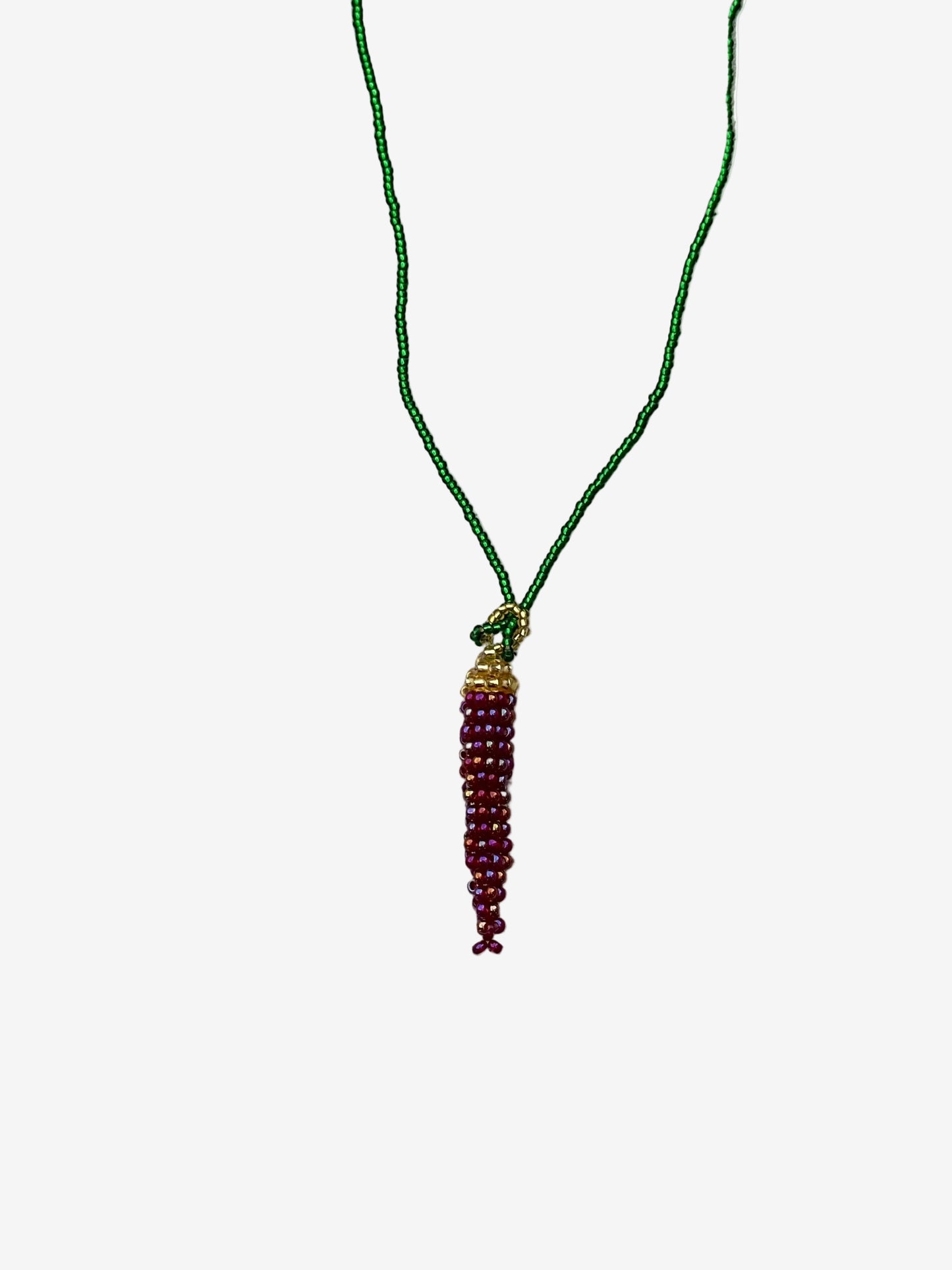 Purple red aji pepper necklace with green chain and gold detail handmade