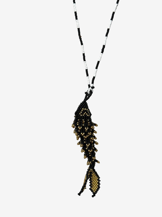 Black and gold fish bead necklace with mono chain handmade