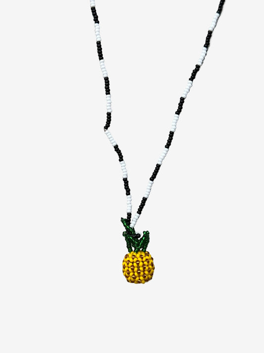 Pineapple Mono necklace with black and white beaded chain and yellow pineapple pendant front view