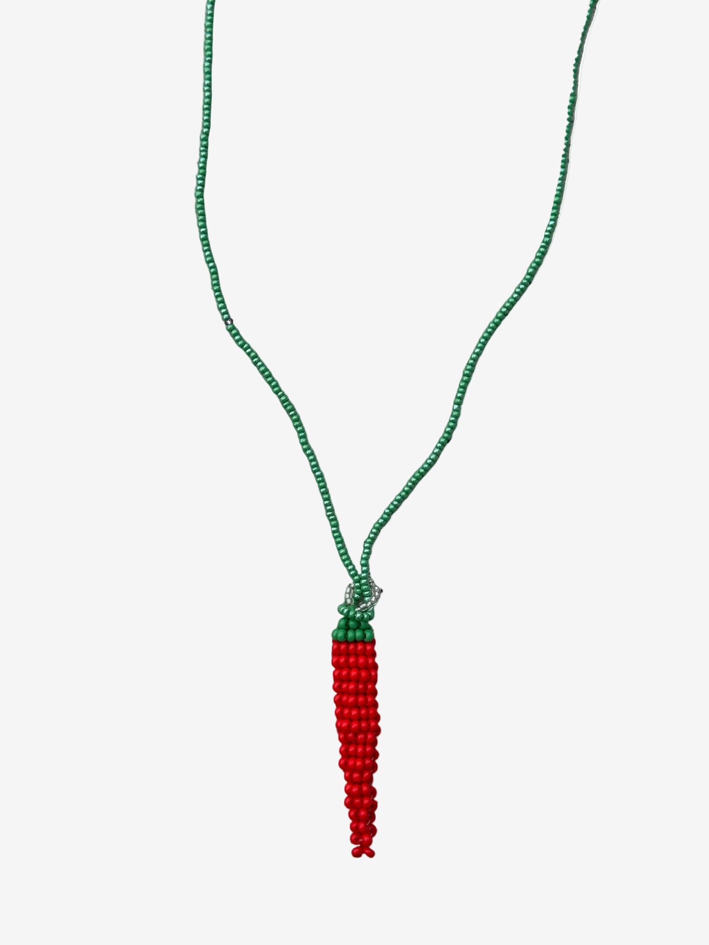 Red beaded aji pepper necklace with green chain handmade