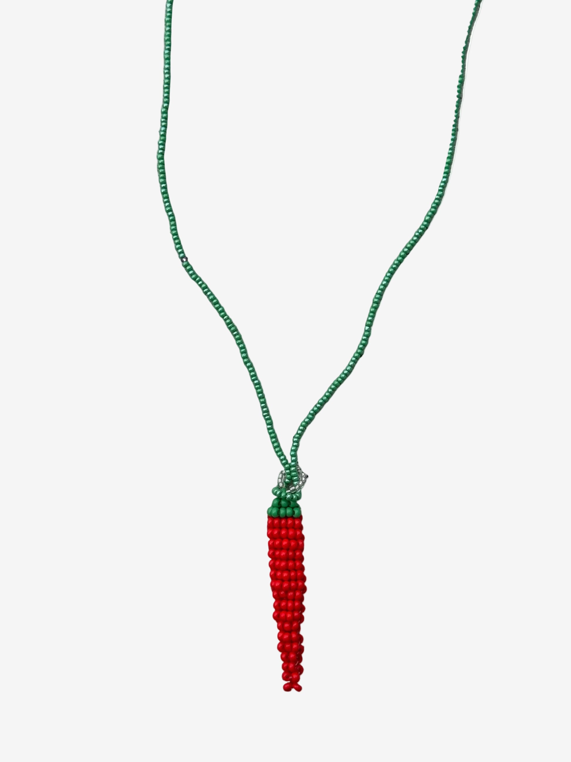 Red beaded aji pepper necklace with green chain handmade
