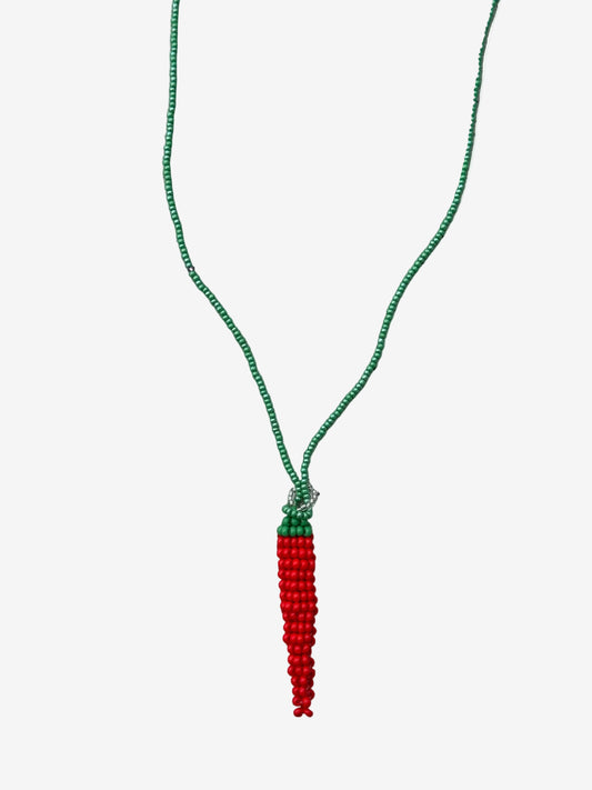 Red beaded aji pepper necklace with green chain handmade