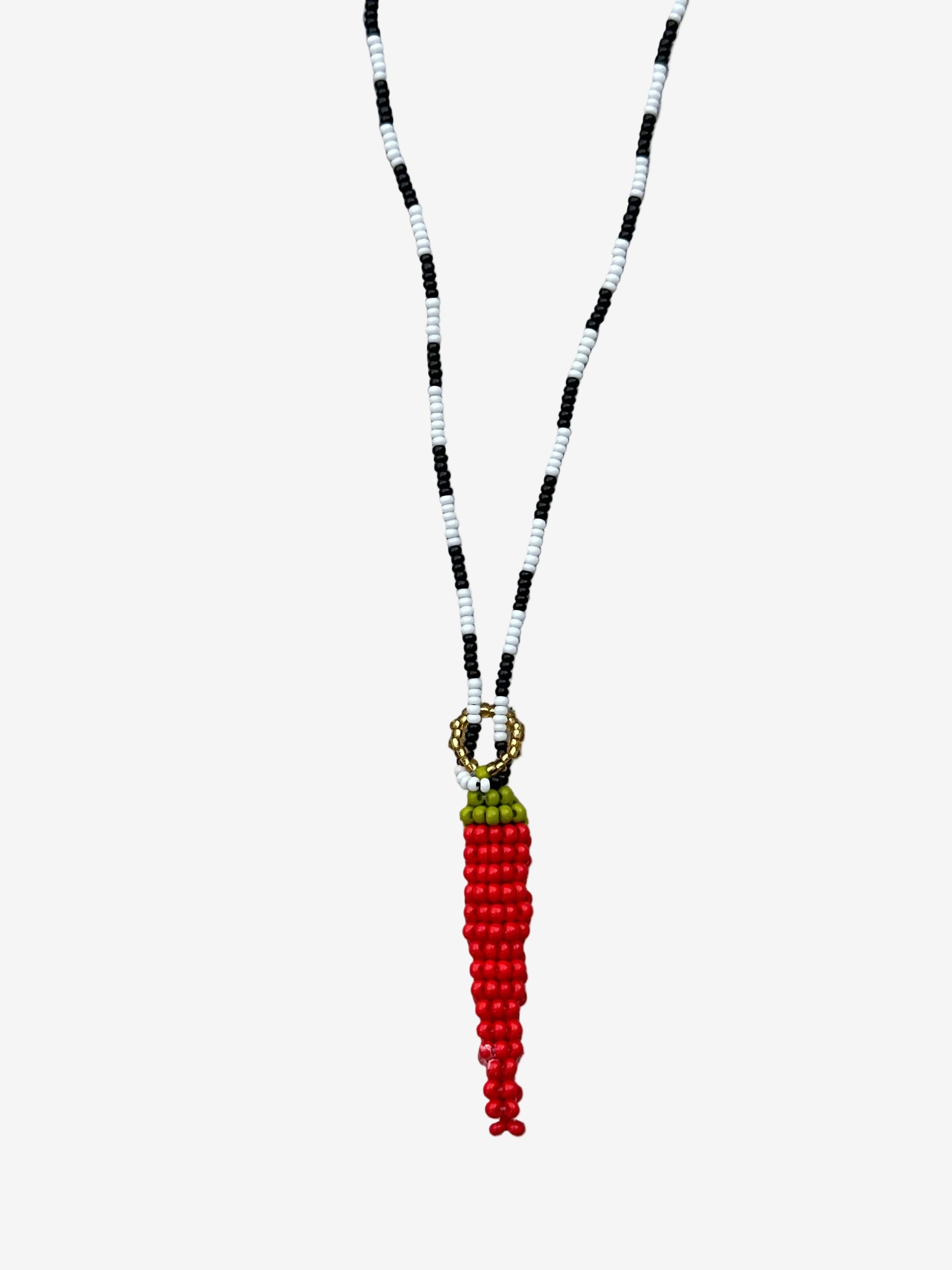 Red aji pepper necklace with black white chain and gold detail handmade