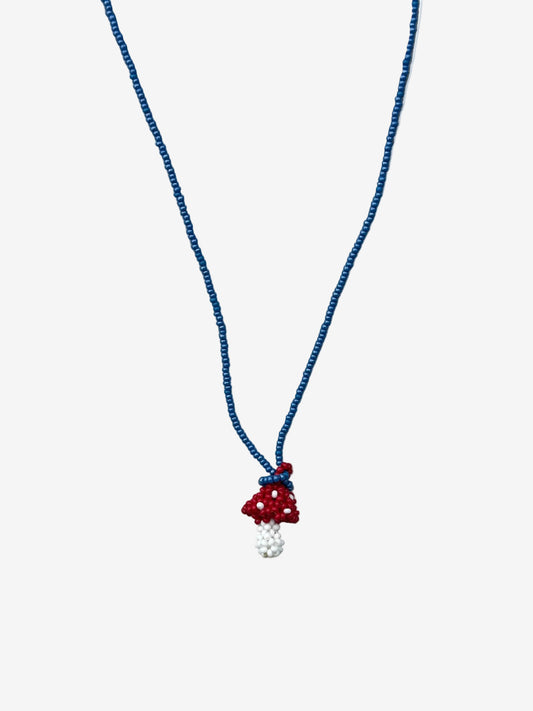 Small red and white fungi necklace with cobalt blue chain handmade by Guava