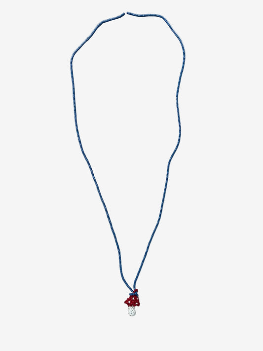 Scarletcap mini cobalt fungi necklace showing contrast bead detail