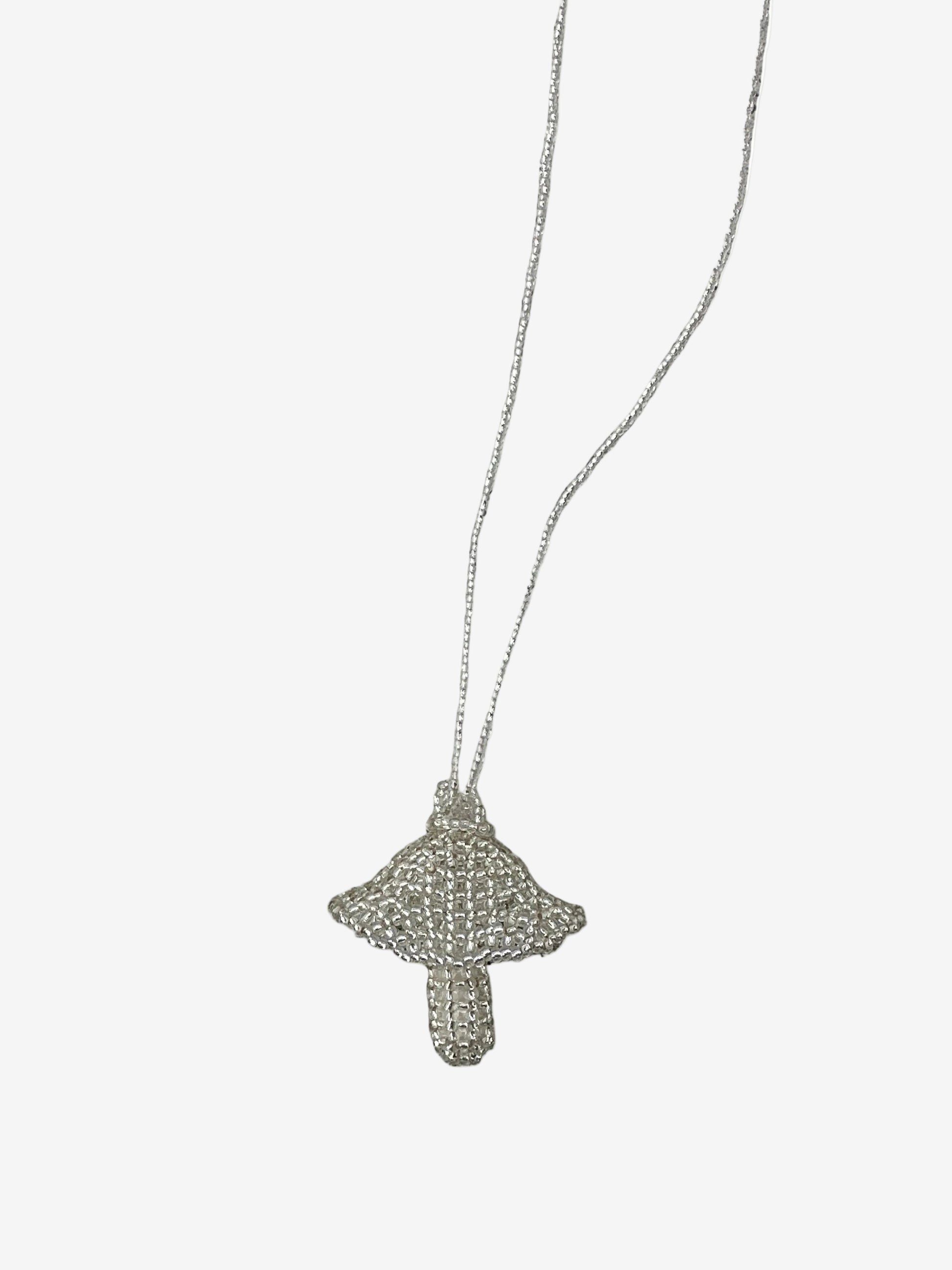 Silver fungi necklace showing metallic bead detail