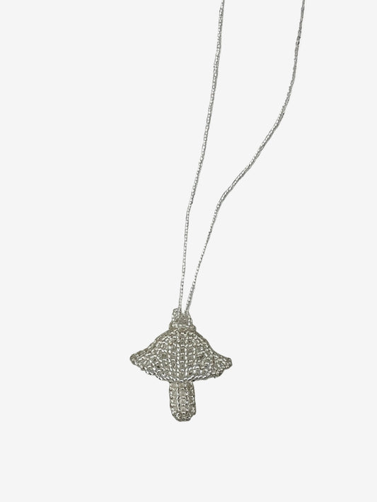 Silver fungi necklace showing metallic bead detail