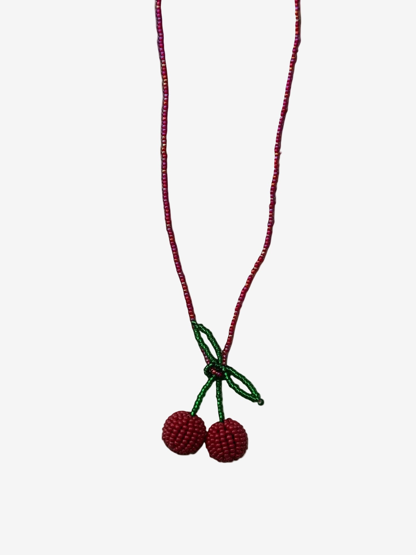 Velvet cherry necklace with red beaded chain and handmade cherry pendant front view