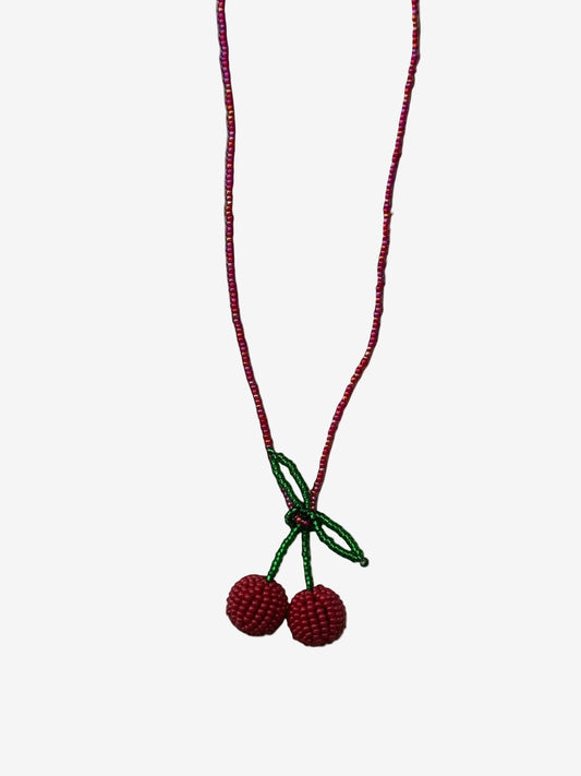 Velvet cherry necklace with red beaded chain and handmade cherry pendant front view